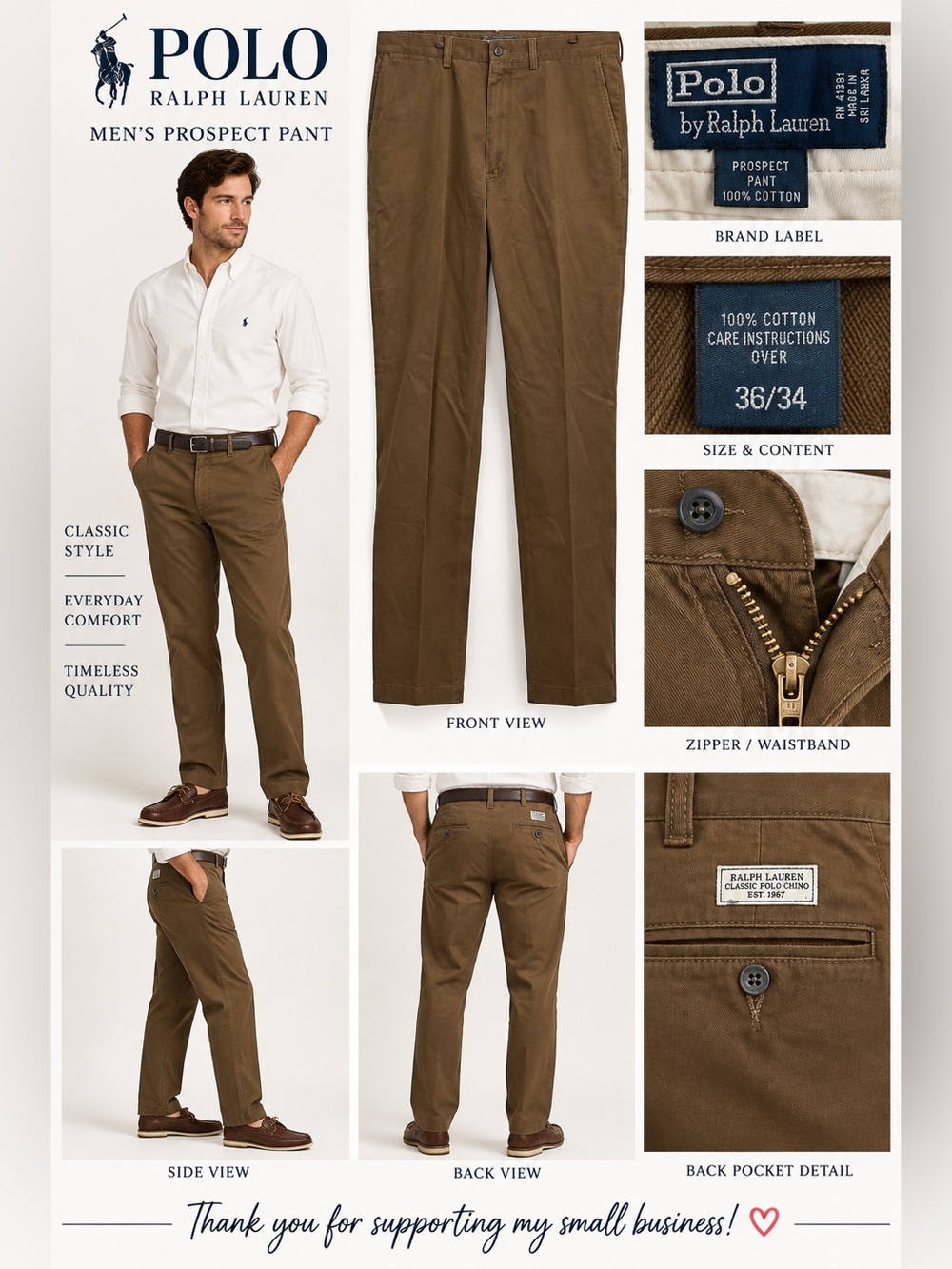Polo Ralph Lauren Prospect Pants Men’s 36x34 Brown 100% Cotton Chino Trousers